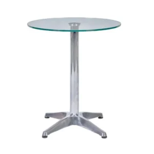 Bàn cafe BCF107T chân đế nhôm đúc mặt tròn kính trắng