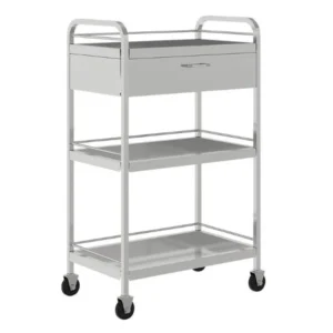 Xe đẩy inox XE3T01I có 3 tầng gồm 2 khay và 1 ngăn kéo để đồ